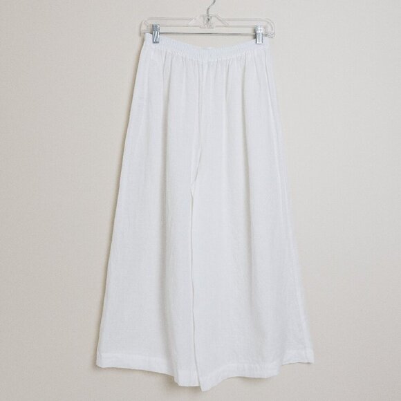 Eskandar Linen Cropped Pants White Wide Leg Elastic Waist Lagenlook Size 1 - Picture 2 of 10